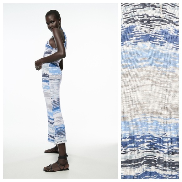 NWT. Zara White/Blue Knit Midi Dress. Size M. - Picture 2 of 9